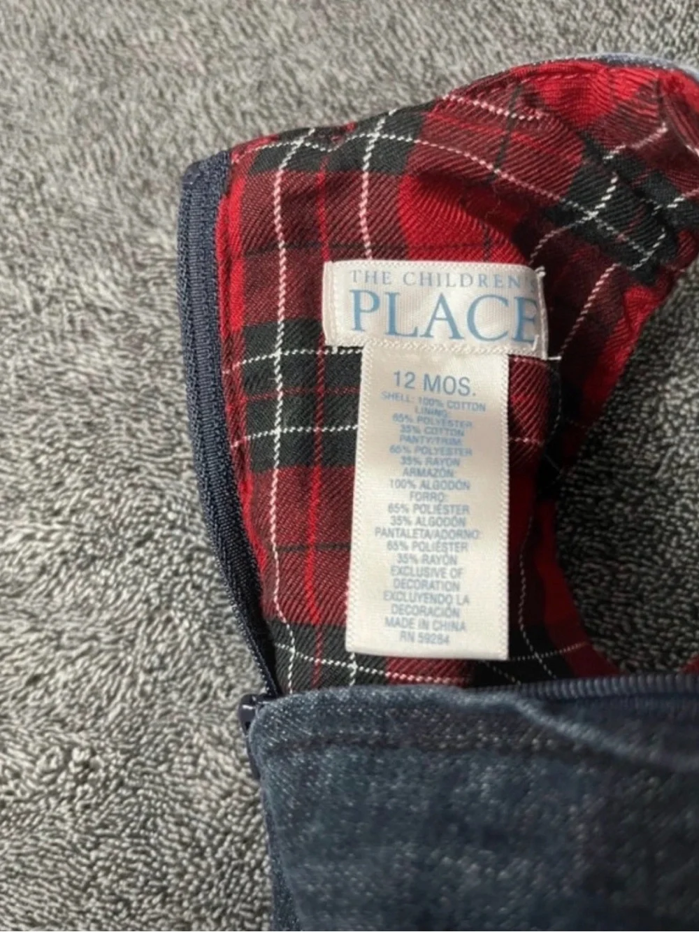The Children's Place Denim Look Navy Dress with Red Plaid Trim